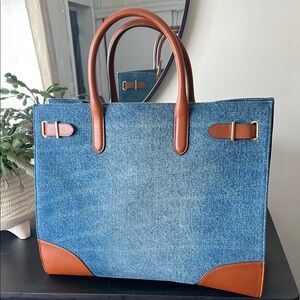 Ralph Lauren Denim and Brown Leather Tote Bag